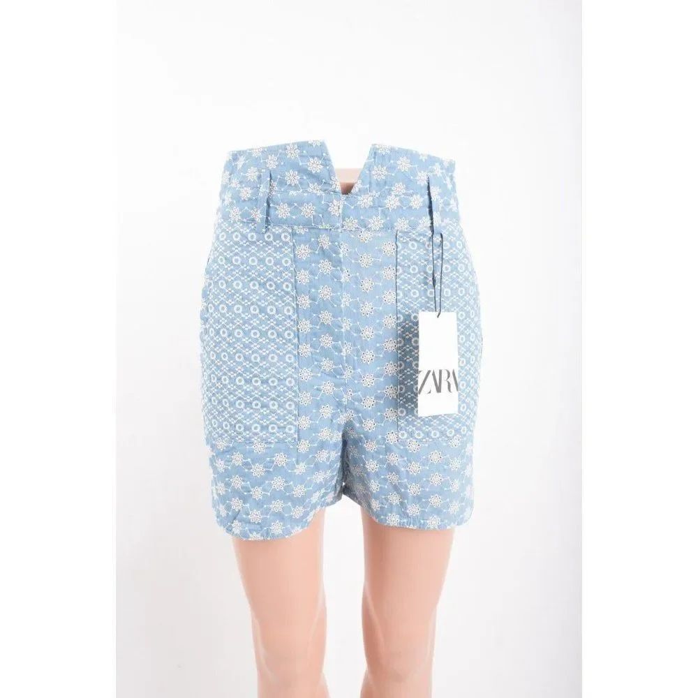 Zara Womens Eyelet Shorts Embroidered Size XS Blue High Rise 2731/244 NWT